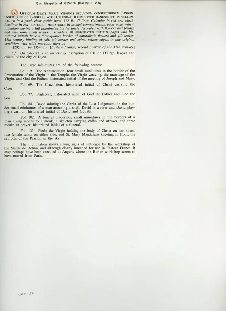 Anonimo , Anonimo francese - sec. XV, secondo quarto - Officio della Beata Vergine Maria con Calendario, pagina miniata , retro
