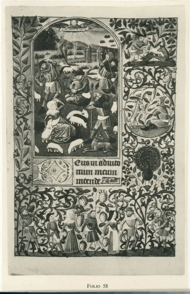 &nbsp; , Annuncio ai pastori, Cornice con motivi decorativi fitomorfi e animali, Scena campestre con figure, Pavone, Iniziale D, Iniziale decorata