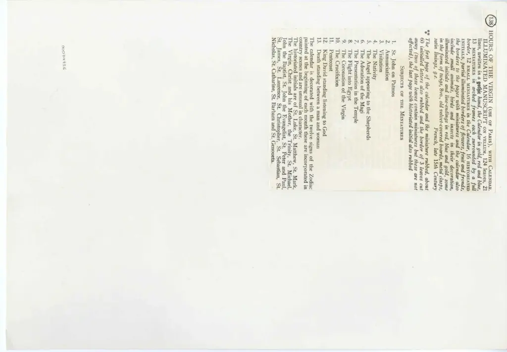 Anonimo , Anonimo - sec. XV, seconda metà - Libro d'Ore della Vergine all'uso di Roma con Calendario, una pagina miniata , retro