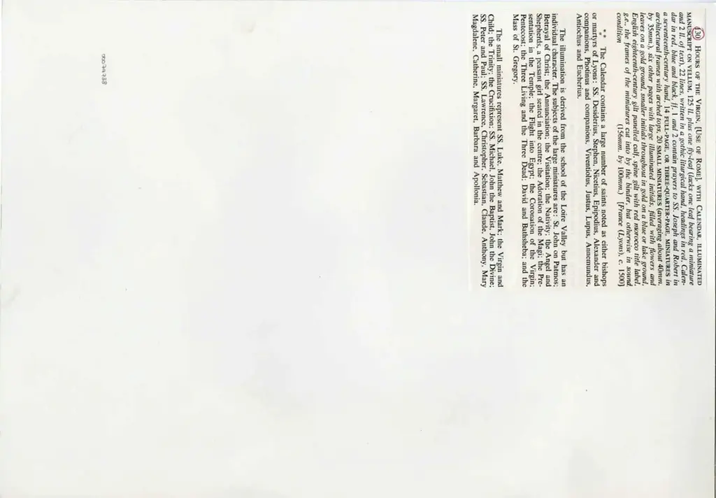 Anonimo , Anonimo francese - 1500 ca. - Libro d'Ore della Vergine all'uso di Roma con Calendario, due pagine miniate , retro