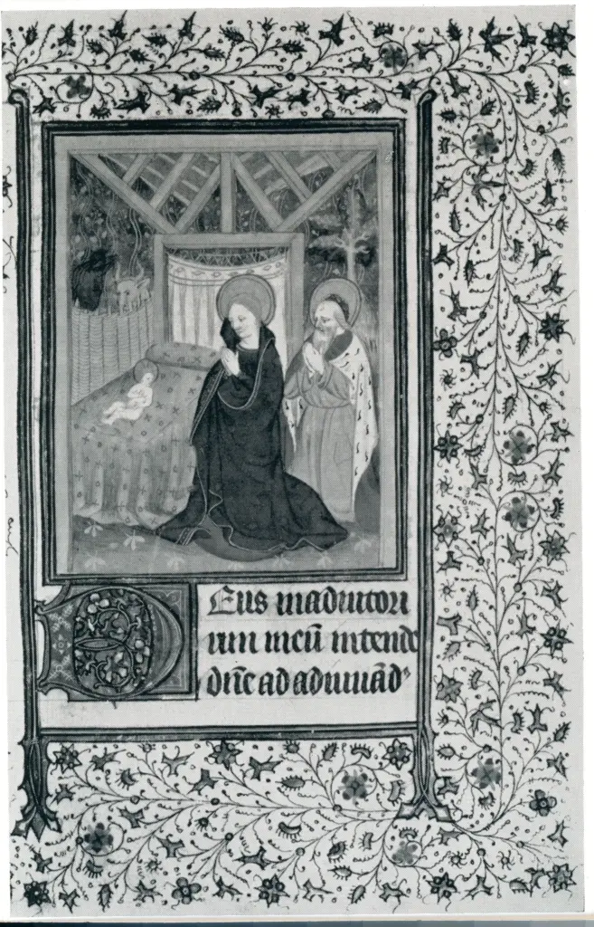 Maestro di Bedford , Nativit&agrave; di Ges&ugrave;, Cornice con motivi decorativi fitomorfi, Iniziale D, Iniziale decorata