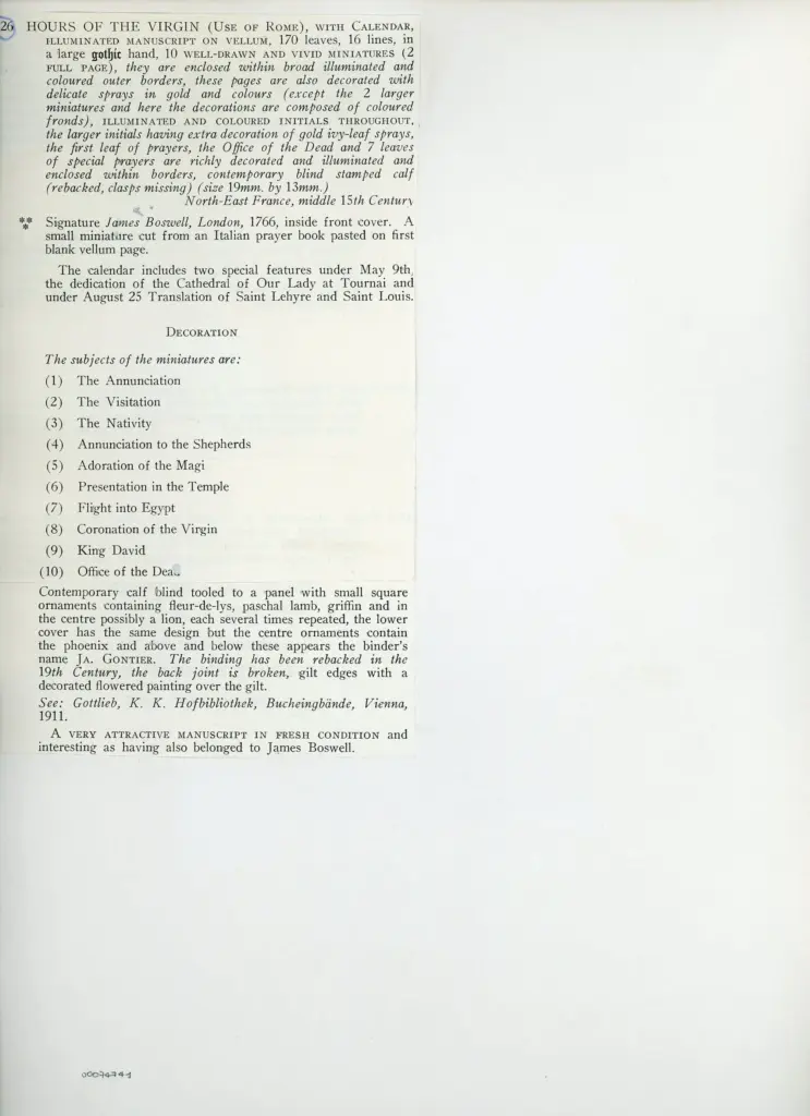 Anonimo , Anonimo francese - sec. XV, met&agrave; - Libro d'Ore della Vergine all'uso di Roma con Calendario, una pagina miniata , retro