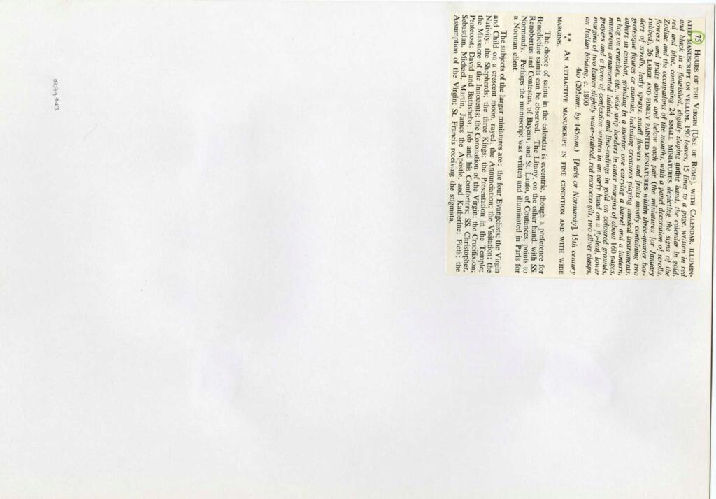 Anonimo , Anonimo francese - sec. XV - Libro d'Ore della Vergine all'uso di Roma con Calendario, una pagina miniata , retro