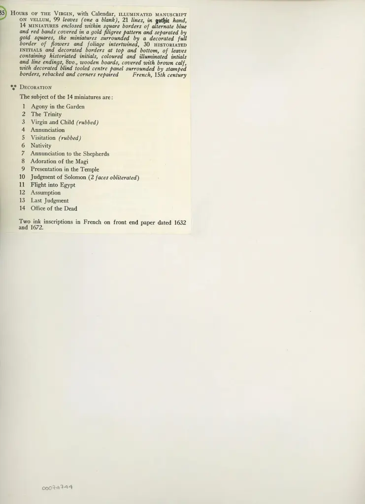 Anonimo , Anonimo francese - sec. XV - Libro d'Ore della Vergine con Calendario, una pagina miniata , retro