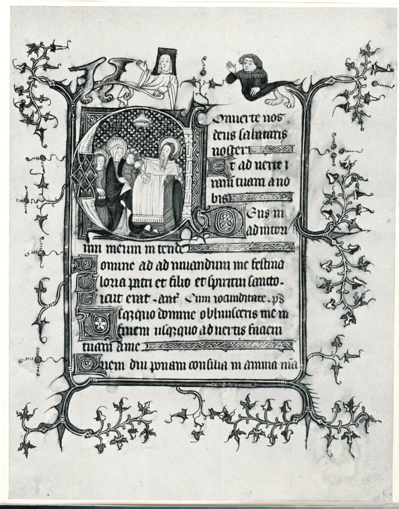 Anonimo francese sec. XV , Presentazione di Ges&ugrave; al Tempio, Motivi decorativi fitomorfi, Motivi decorativi con figure fantastiche, Iniziale decorata