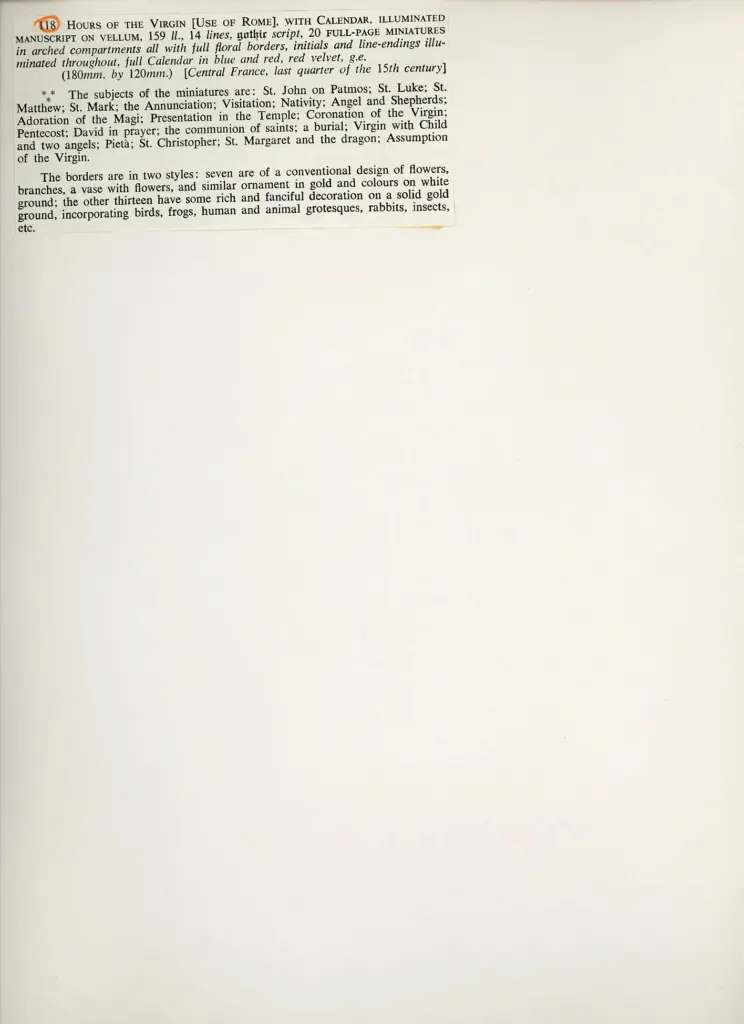 Anonimo , Anonimo francese - sec. XV, ultimo quarto - Libro d'Ore della Vergine all'uso di Roma con Calendario , retro
