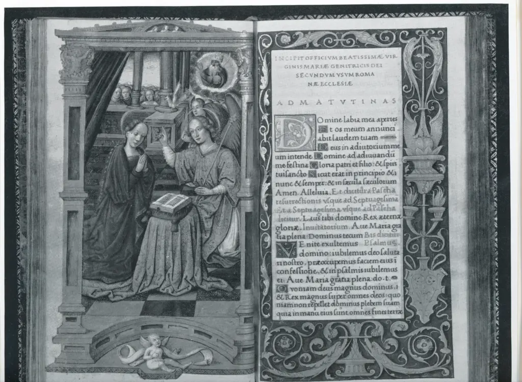 Anonimo francese sec. XVI , Annunciazione, Finta cornice architettonica con motivi decorativi