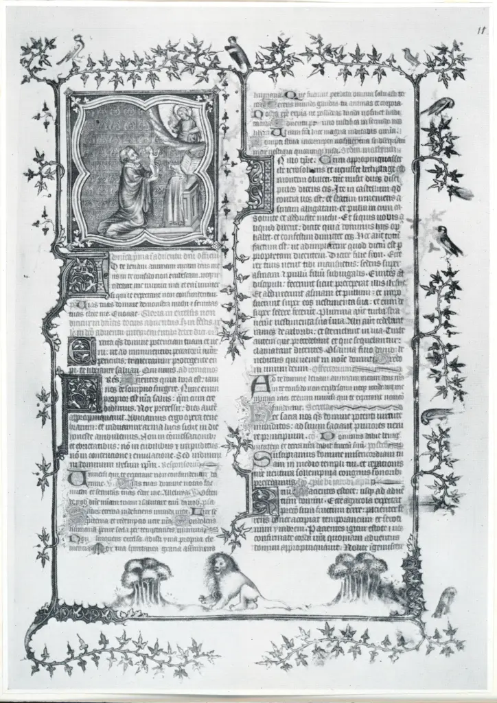 Maestro della Bibbia di Jean de Sy , Re Davide offre a Dio la sua anima, Leone, Cornice con motivi decorativi fitomorfi e animali