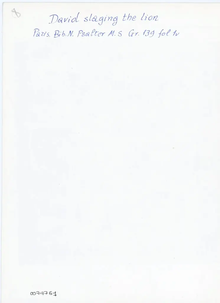 Anonimo , David slaying the lion/ Paris. Bib.N. Psalter M.S Gr. 139 fol 1v , retro
