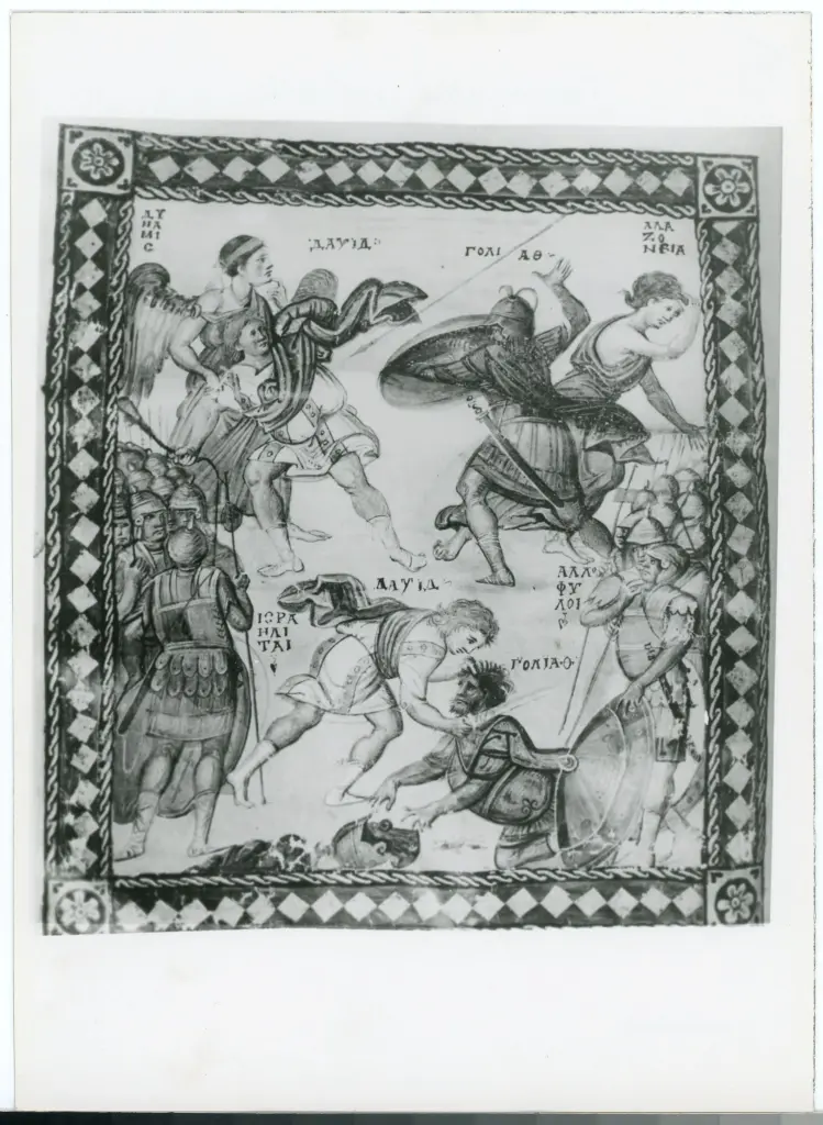 Anonimo , David and Goliath/ Paris, Bibl Nat, Psalter M. S. Gr. 139, fol 4v , fronte