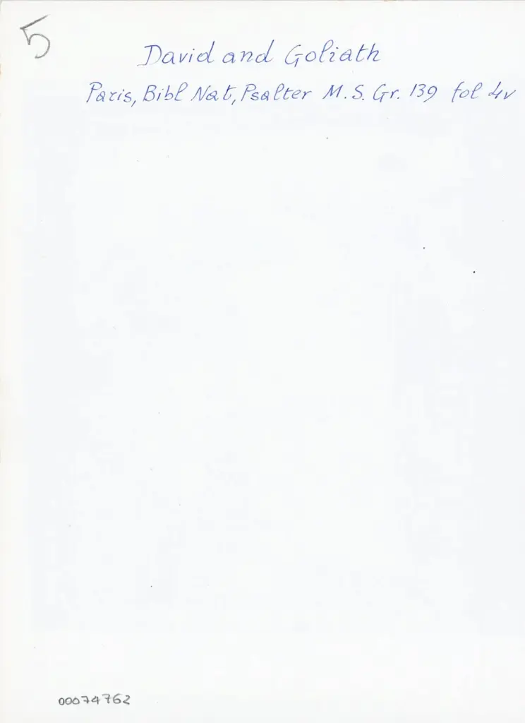 Anonimo , David and Goliath/ Paris, Bibl Nat, Psalter M. S. Gr. 139, fol 4v , retro