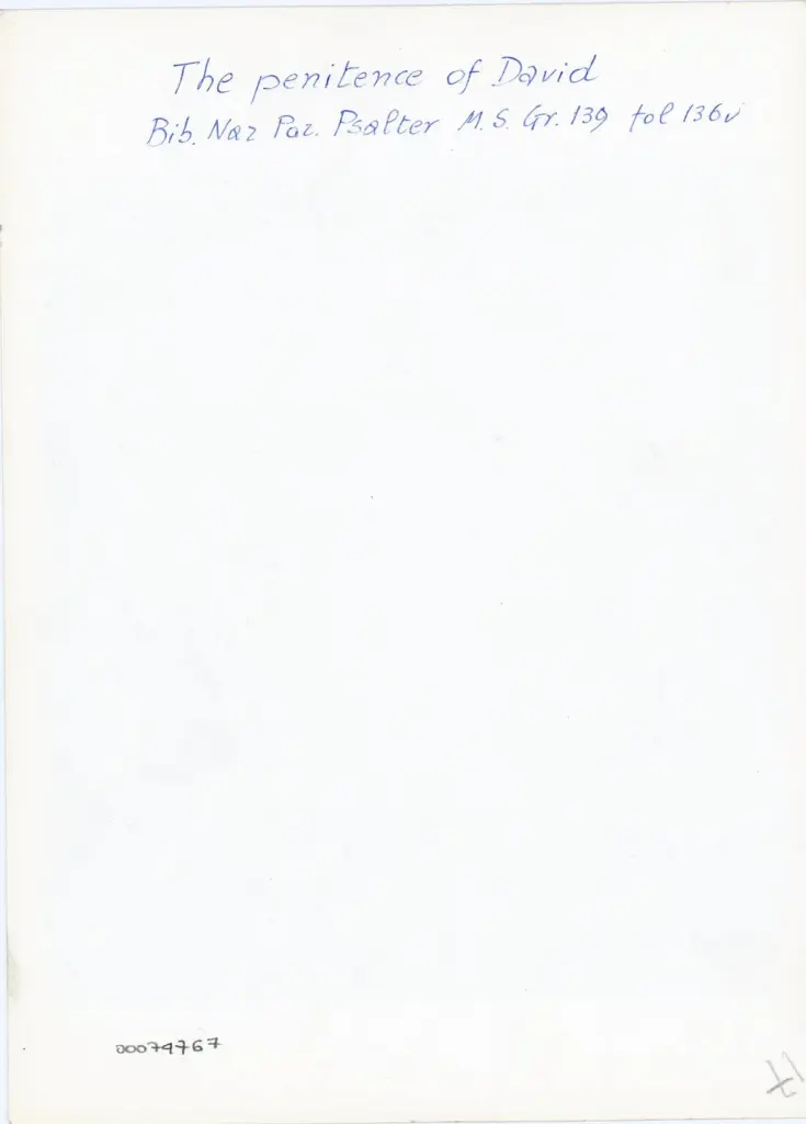 Anonimo , The penitence of David/ Bib. Naz Par. Psalter M. S. Gr. 139 fol 136v , retro