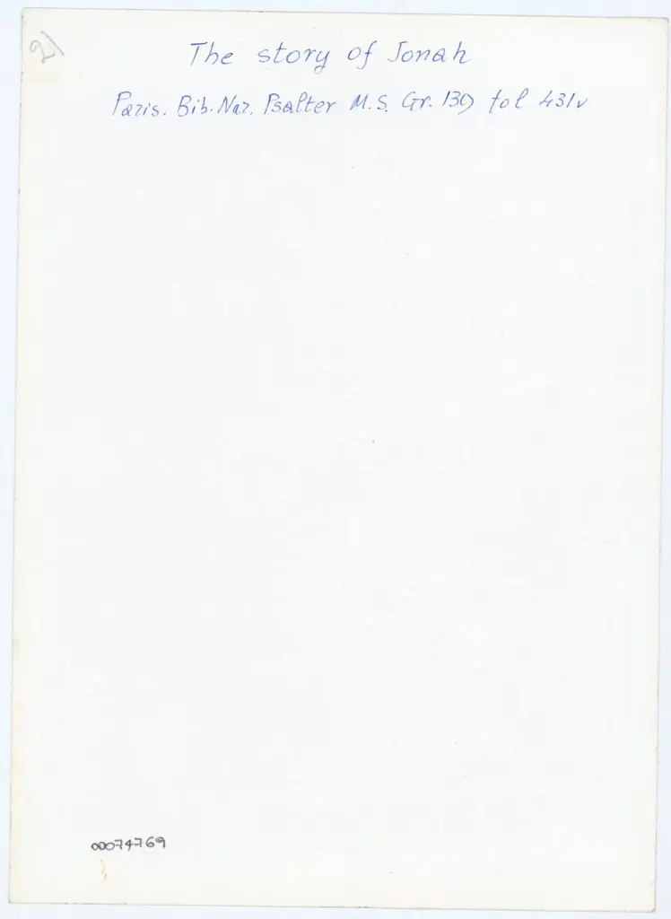 Anonimo , The story of Jonah/ Paris. Bib. Naz. Psalter M. S. Gr. 139 fol 431v , retro