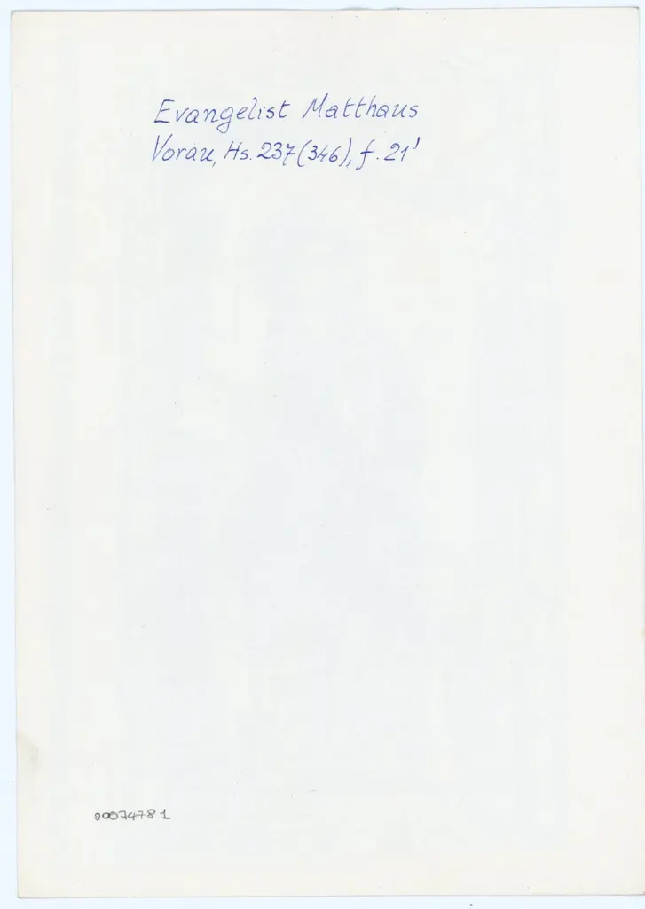 Anonimo , Evangelist Matthaus/ Vorau, Hs. 237 (346), f. 21' , retro