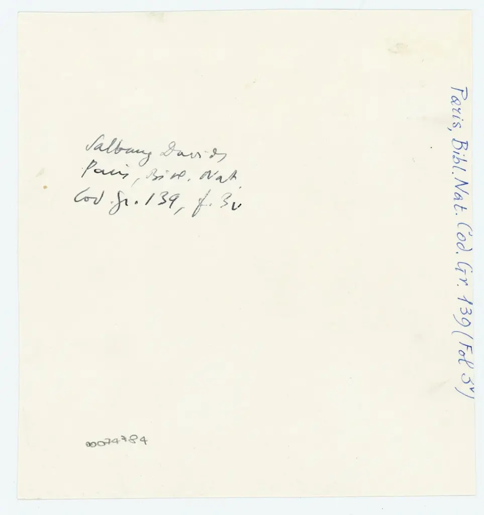 Anonimo , Salbung Davids/ Paris, Bibl. Nat./ Cod. Gr. 139, fol. 3v , retro