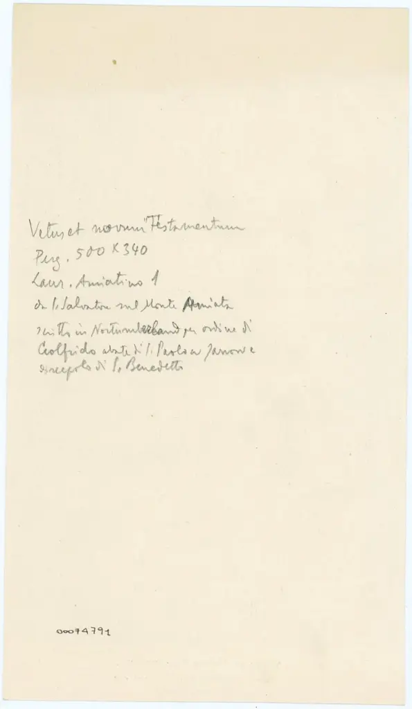 Anonimo , Vetus et Novum Testamentum./ Cod. membr. saec. VII.-VIII./ Laur. Amiatinus I. , retro