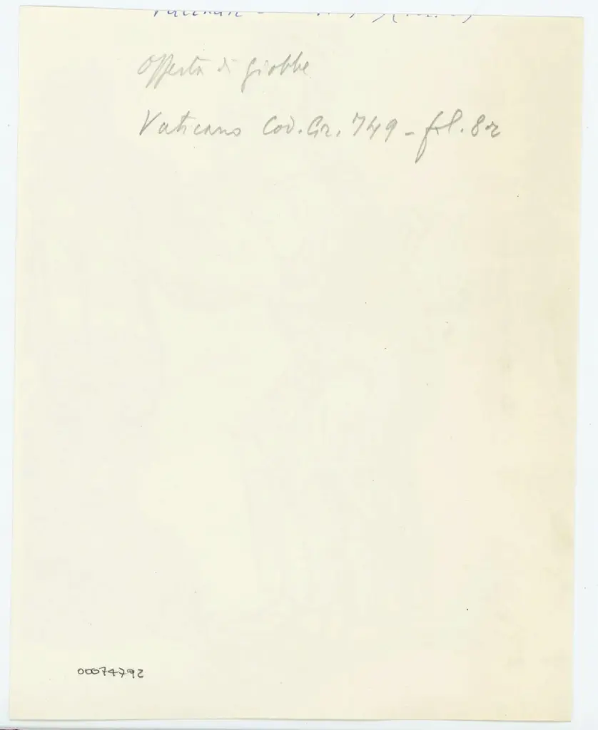 Anonimo , Offerta di Giobbe/ Vaticano Cod. Gr. 749 - fol. 8r , retro