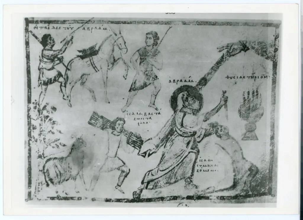 Anonimo bizantino sec. XI , Abramo e Isacco diretti al luogo del sacrificio e sacrificio di Isacco, Dextera Domini