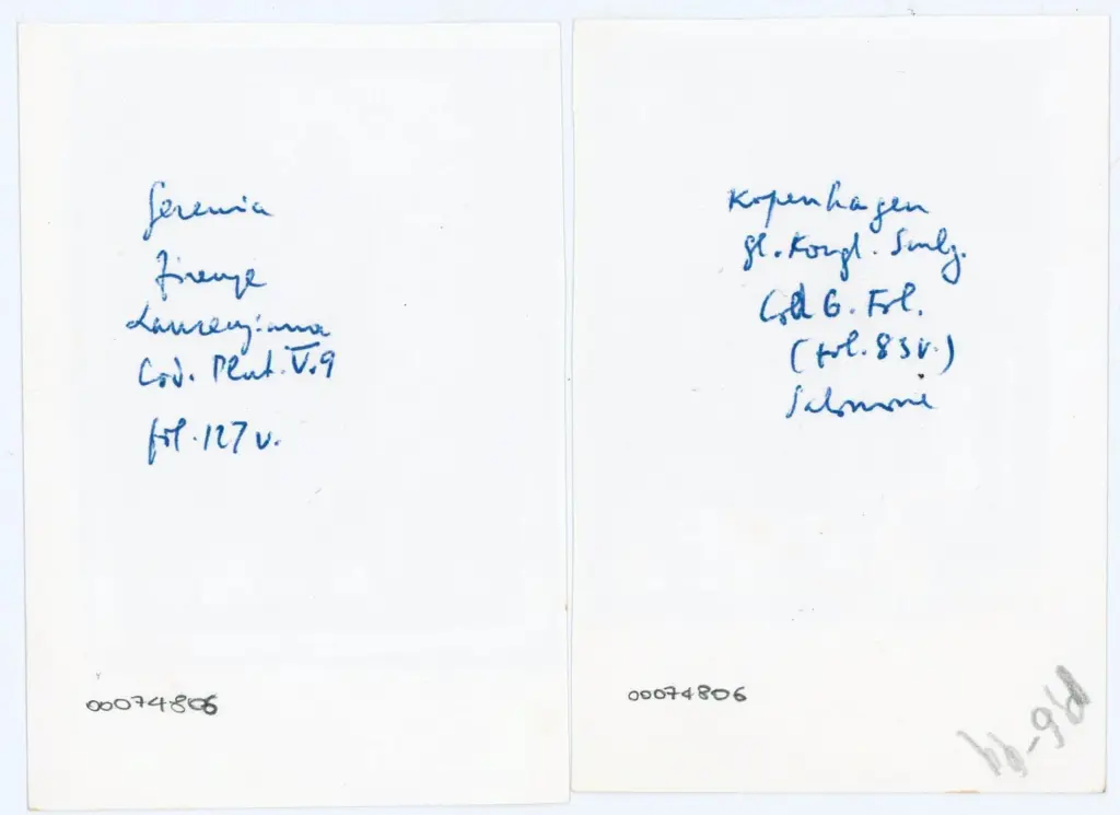 Anonimo , Anonimo - secc. X/ XI - Firenze, Biblioteca Medicea Laurenziana, ms. Plut.V.9, f. 128v (a sinistra) e Copenaghen, Kongelige Bibliotek, ms. Haun GKS 6, f. 83v (a destra) , retro