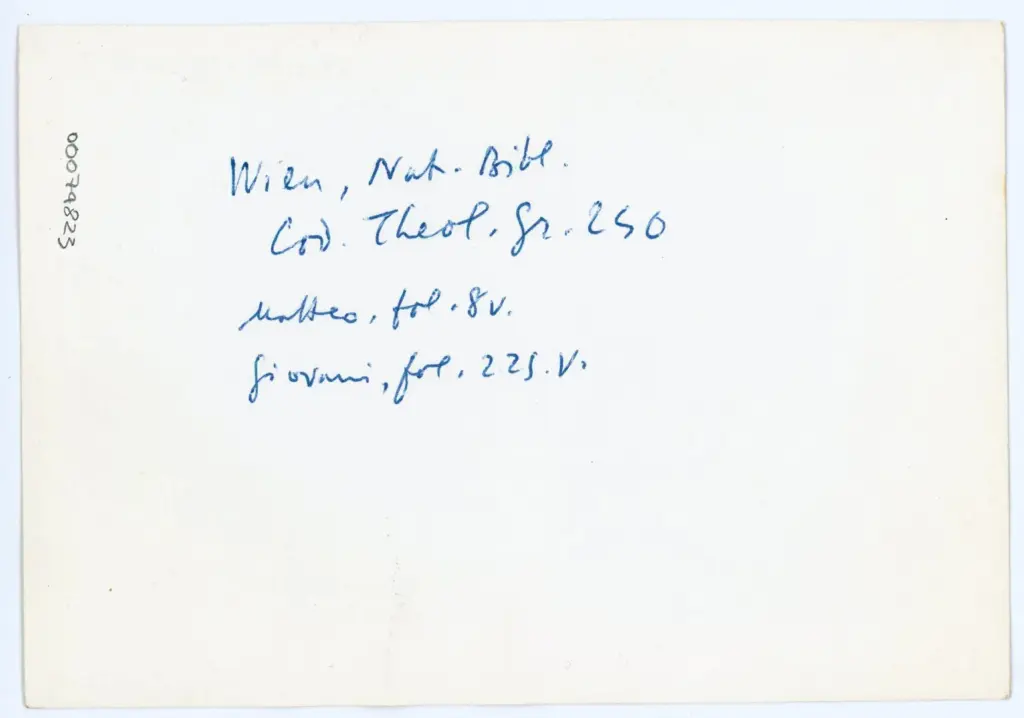 Anonimo , Wien, Nat. Bibl. - Cod. Theol. Gr. 240 - Matteo, fol. 8v. - Giovanni, fol. 225v. , retro