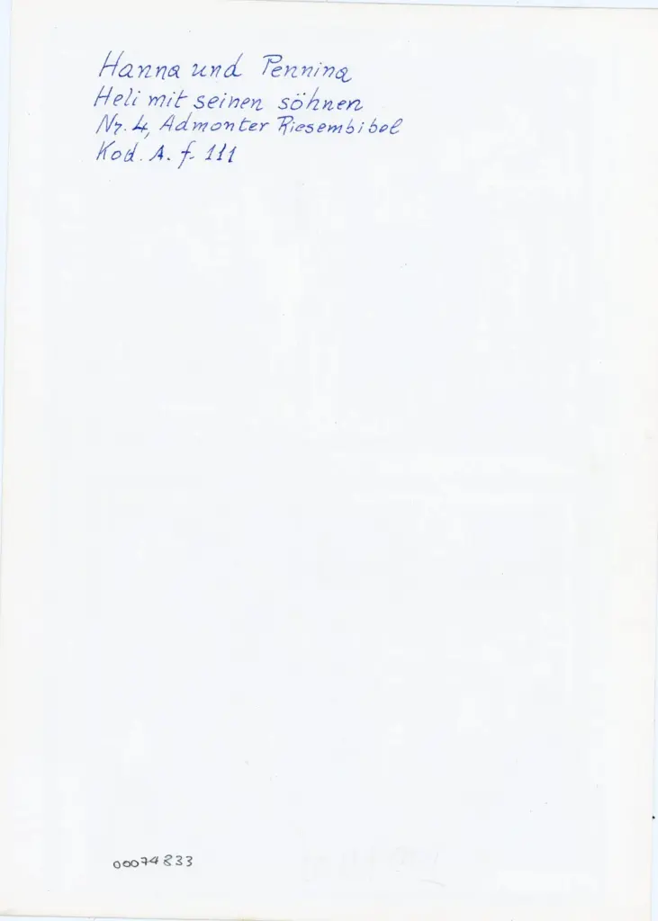 Anonimo , Hanna und Pennina [sic] - Heli mit seinen s&ouml;hnen - Nr. 4, Admonter Riesembibel - Kod. A. f. 111 , retro