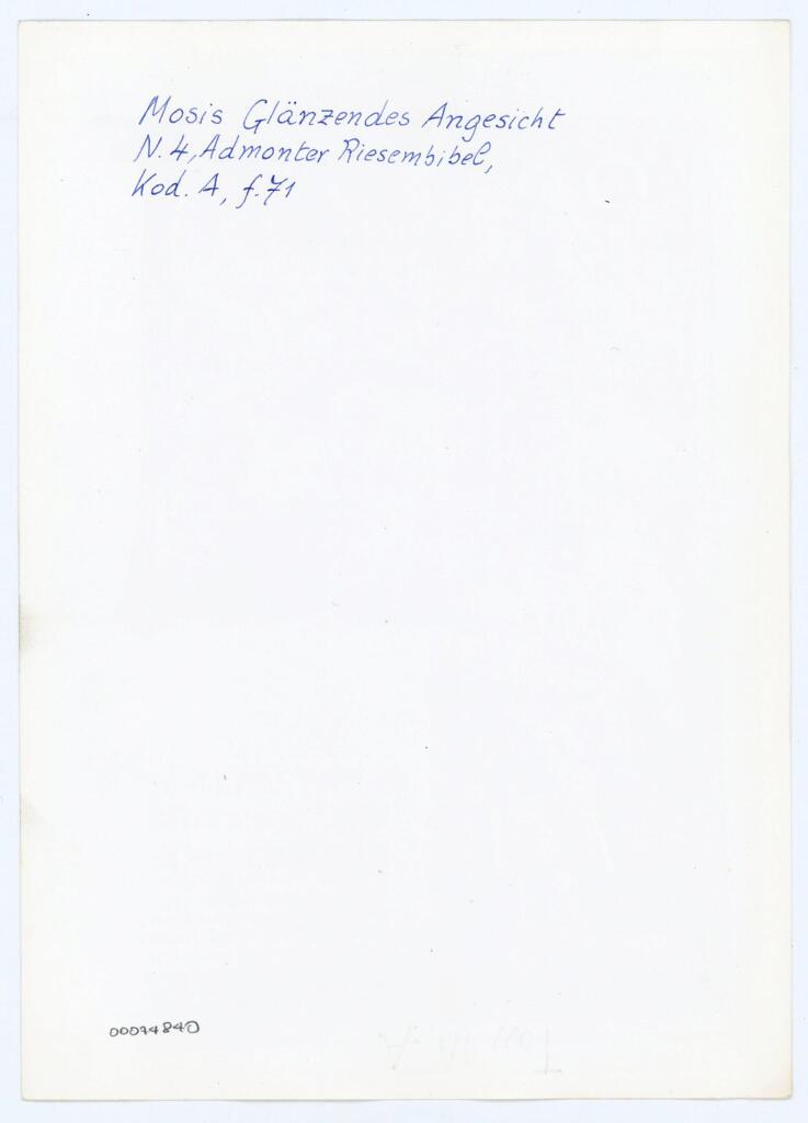 Anonimo , Mosis Glänzendes Angesicht - N. 4, Admonter Riesembibel [sic], - Kod. A, f. 71 - , retro