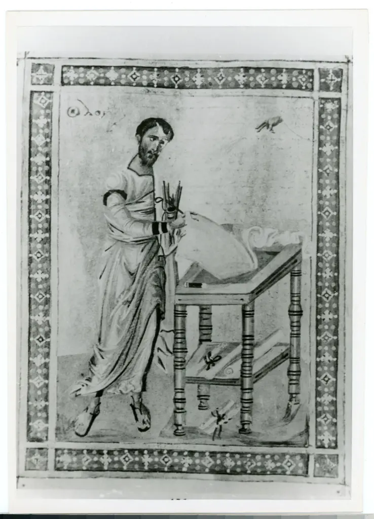 Anonimo sec. X , San Luca Evangelista, Dextera Domini, Cornice con motivi decorativi geometrici