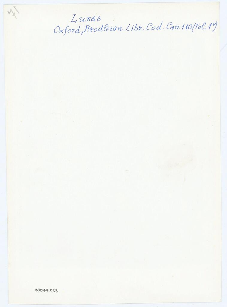 Anonimo , Lukas - Oxford, Brodleian [sic] Libr. Cod. Can 110 (Fol. 1v) , retro