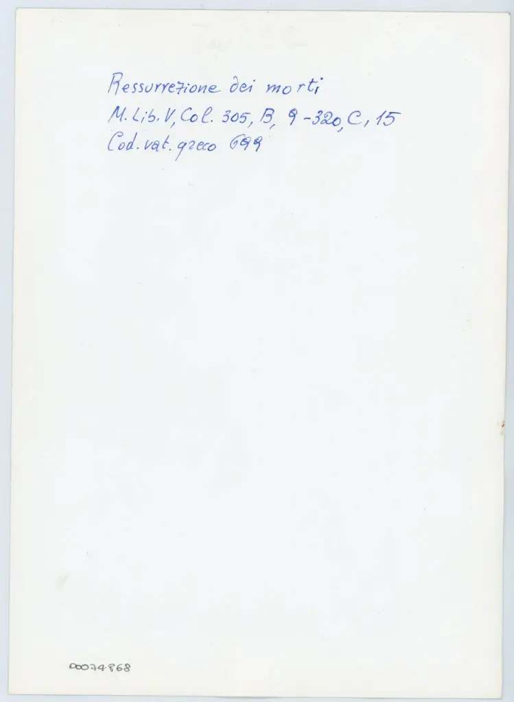 Anonimo , Resurrezione dei morti - M. Lib. V, Col. 305, B, 9-320, C, 15 - Cod. vat. greco 699 , retro