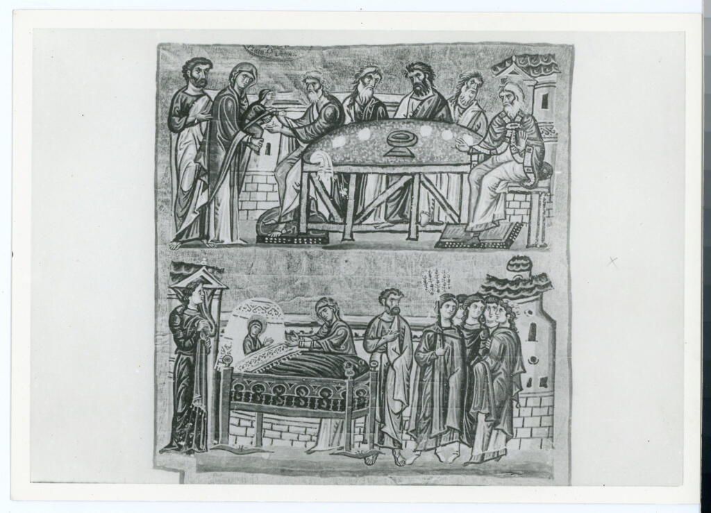 Anonimo , I genitori presentano la vergine ai sacerdoti - Vat. gr. 1162, f. 44-v , fronte