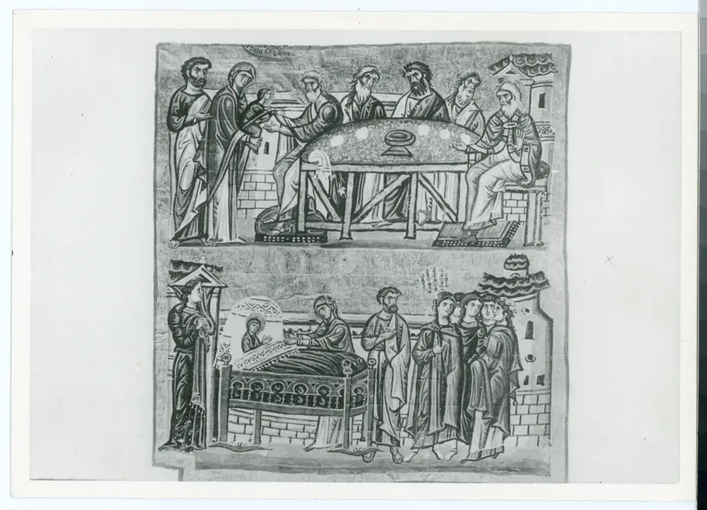 Anonimo , I genitori presentano la vergine ai sacerdoti - Vat. gr. 1162, f. 44-v , fronte