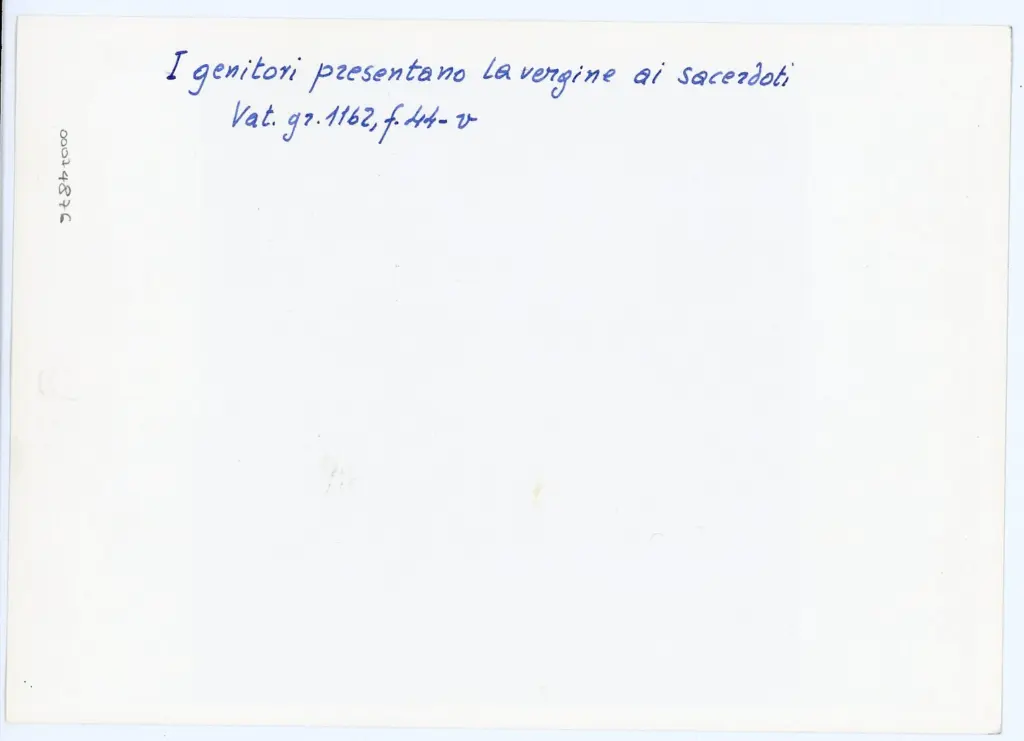 Anonimo , I genitori presentano la vergine ai sacerdoti - Vat. gr. 1162, f. 44-v , retro