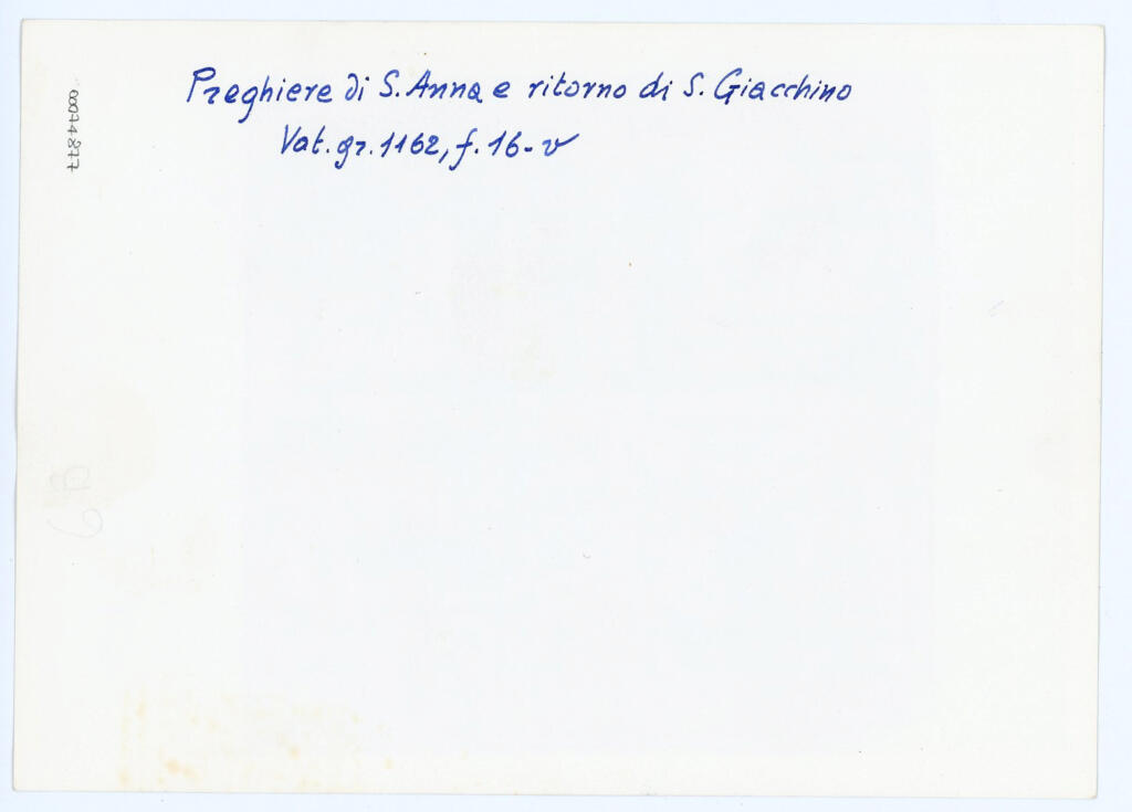 Anonimo , Preghiere di S. Anna e ritorno di S. Giacchino [sic] - Vat. gr. 1162, f. 16-v [sic] , retro