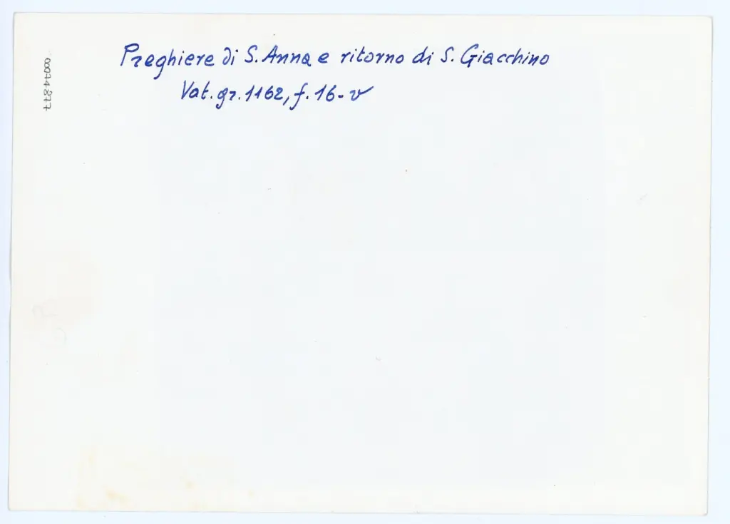 Anonimo , Preghiere di S. Anna e ritorno di S. Giacchino [sic] - Vat. gr. 1162, f. 16-v [sic] , retro