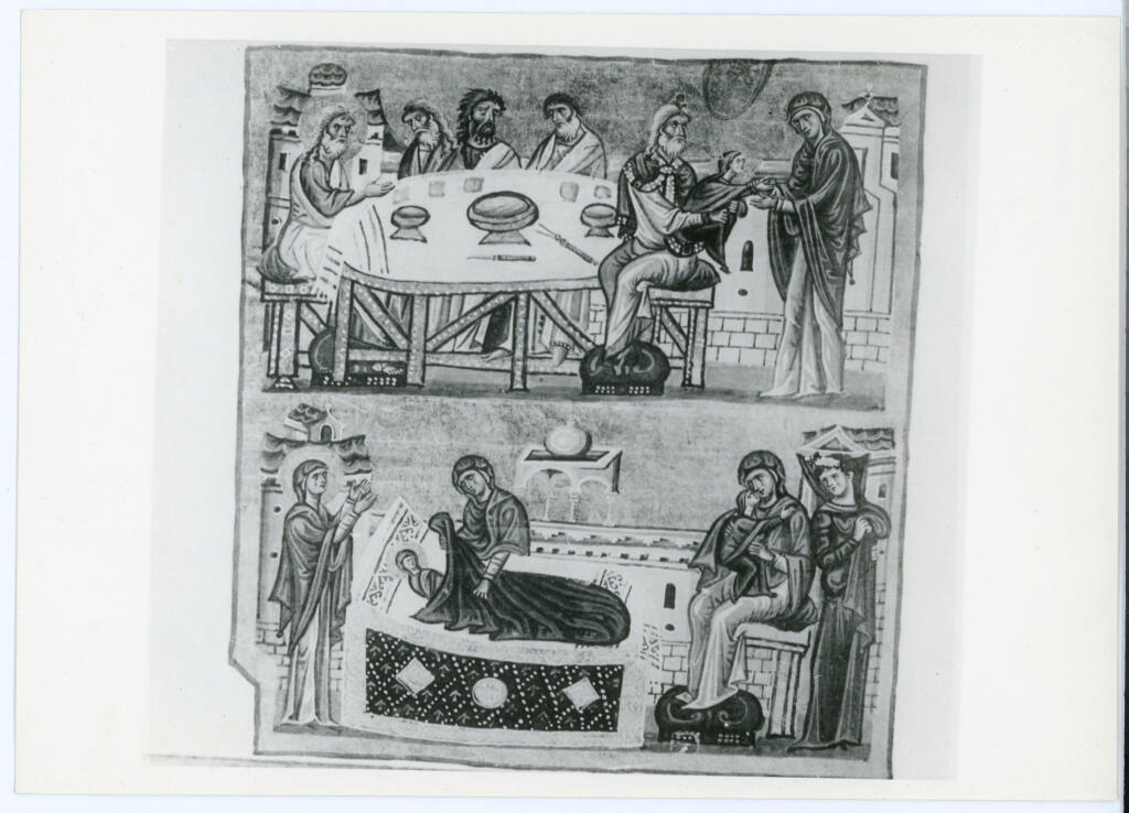 Anonimo , La vergine ripresa e riposta in una camera appartata - Vat. gr. 1162 f. 46-v , fronte