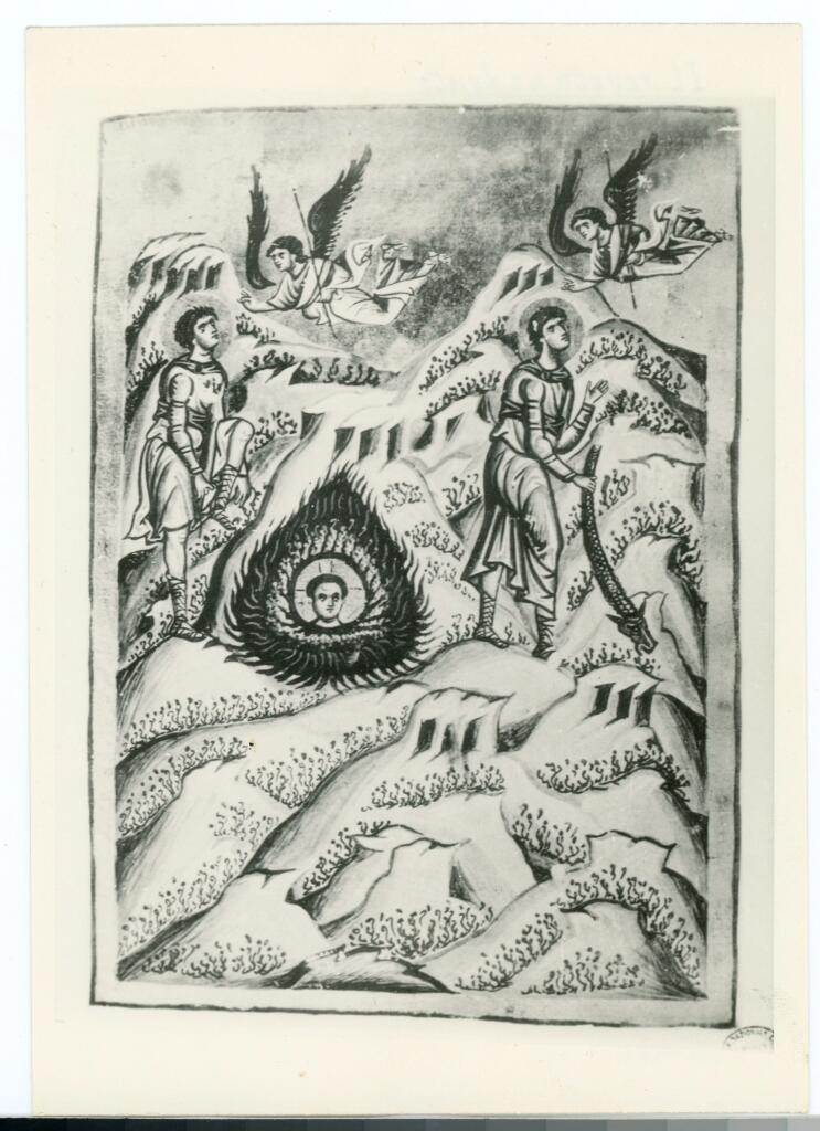 Anonimo , Il roveto ardente - Mosè con la verga miracoosa - Vat. gr. 1162 f. 54.v , fronte
