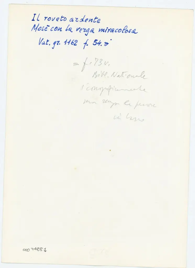 Anonimo , Il roveto ardente - Mosè con la verga miracoosa - Vat. gr. 1162 f. 54.v , retro