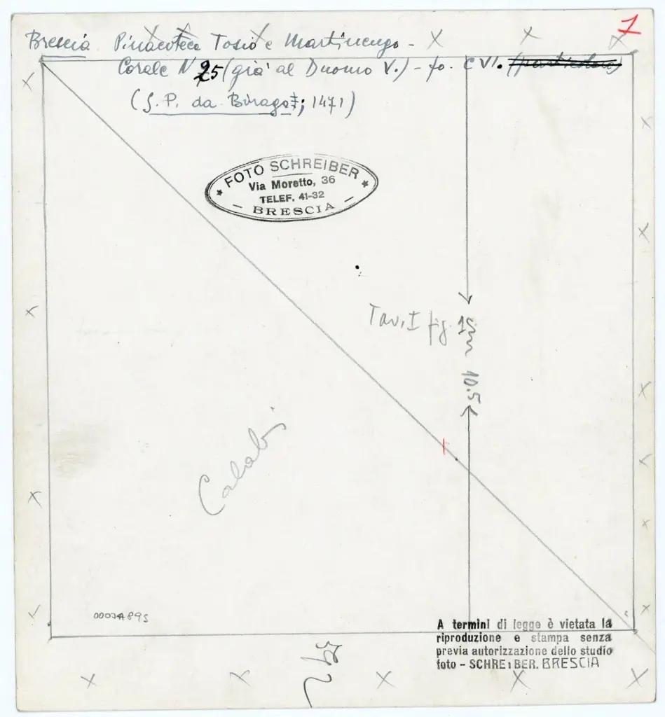 Foto Schreiber , Brescia - Pinacoteca Tosio e Martinengo - Corale N 25 (gi&agrave; al Duomo V.) - fo. CVI. (G. P. da Birago; 1471) , retro