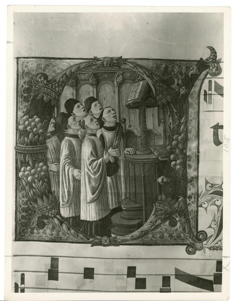 Giovanni Pietro da Birago , Iniziale istoriata, Motivi decorativi fitomorfi, Ecclesiastici in coro