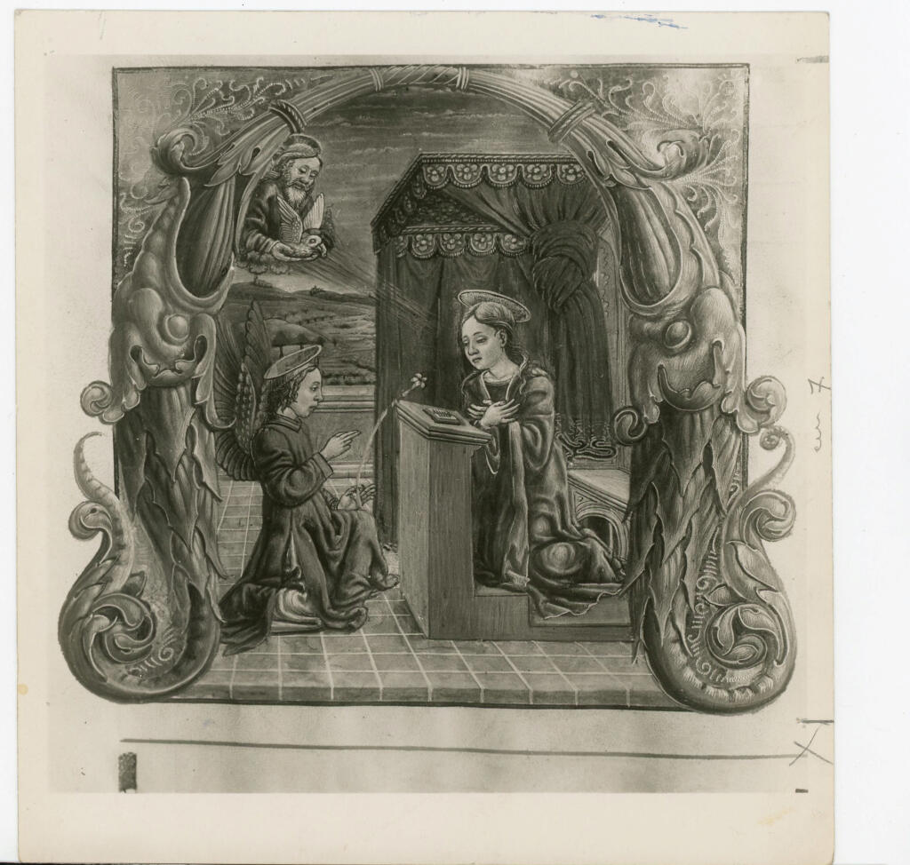 Giovanni Pietro da Birago , Annunciazione con Dio Padre e colomba dello Spirito Santo, Iniziale A, Iniziale istoriata, Motivi decorativi fitomorfi