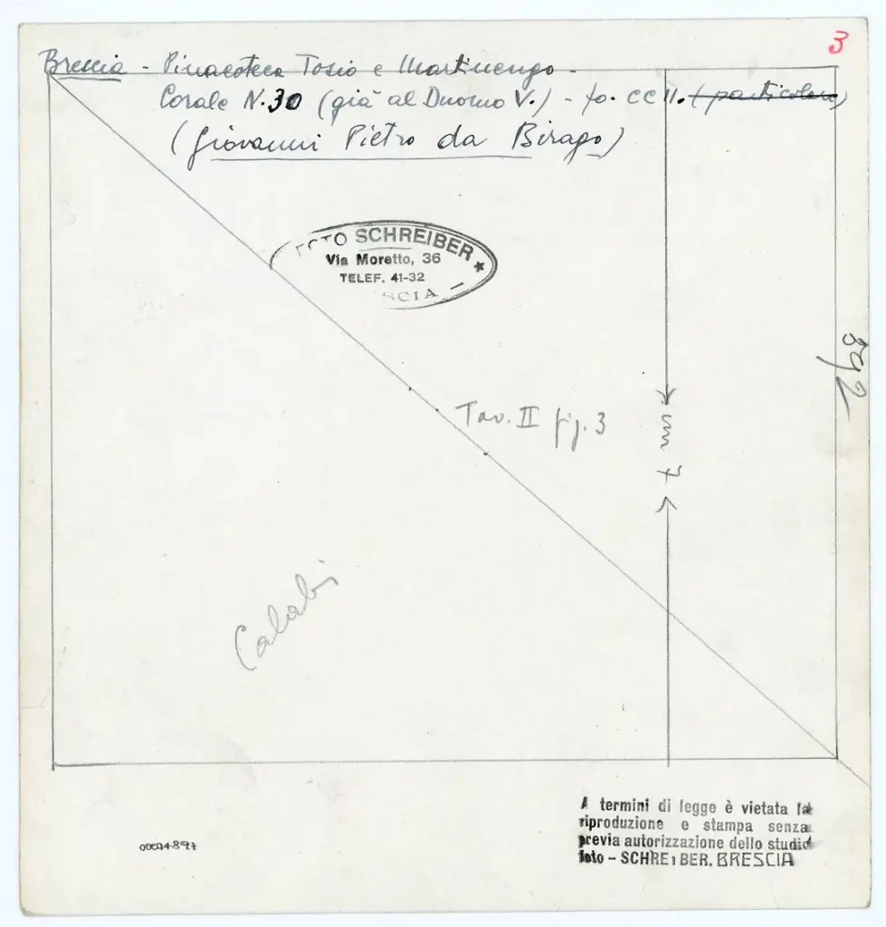 Foto Schreiber , Brescia - Pinacoteca Tosio e Martinengo - Corale N. 30 (gi&agrave; al Duomo V.) - fo. CCII. (Giovanni Pietro da Birago) , retro