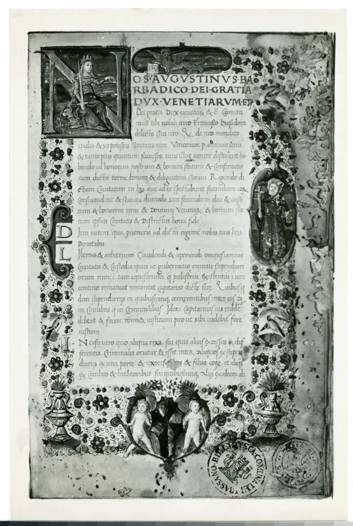 Istituto Centrale per il Catalogo e la Documentazione: Fototeca Nazionale , Bassano del Grappa - Museo Civico - Biblioteca - Codice esposto 1 - Commissione ducale a Francesco Basadona [sic], Podest&agrave; di Vicenza , fronte