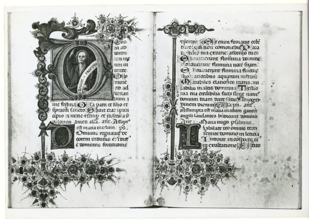 Istituto Centrale per il Catalogo e la Documentazione: Fototeca Nazionale , Bassano del Grappa - Museo civico, Biblioteca - Codice esposto 2&deg; carta 9 - Iniziale D-D col profeta Daniele, n&deg; 1562