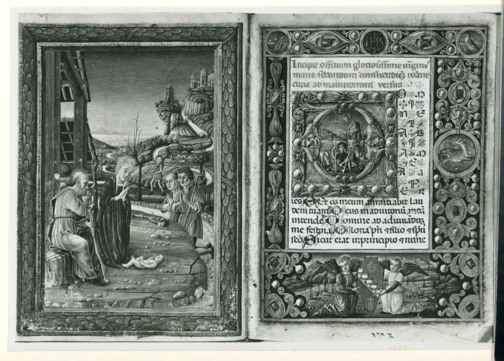 Istituto Centrale per il Catalogo e la Documentazione: Fototeca Nazionale , Bassano del Grappa. Museo civico - Biblioteca. Codice esposto I&deg; - Officio della Vergine. n&deg; 1562 , fronte