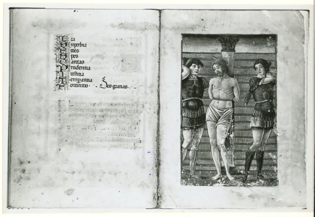 Istituto Centrale per il Catalogo e la Documentazione: Fototeca Nazionale , Bassano del Grappa. Museo civico - Biblioteca - Codice esposto 2° ultima carta - Flagellazione di Cristo. n° 1562 , fronte
