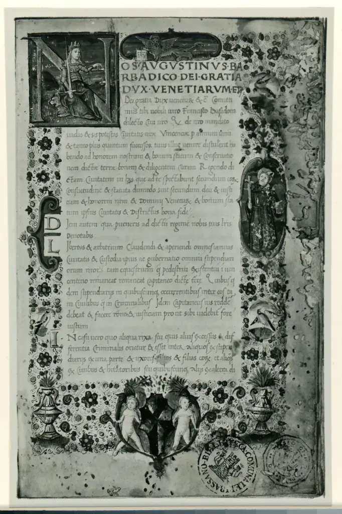 Istituto Centrale per il Catalogo e la Documentazione: Fototeca Nazionale , Bassano del Grappa - Museo civico - Biblioteca - Codice esposto alla 1a Commissione ducale a Francesco Baradona podest&agrave; di Vicenza - n&deg; 1566 , fronte