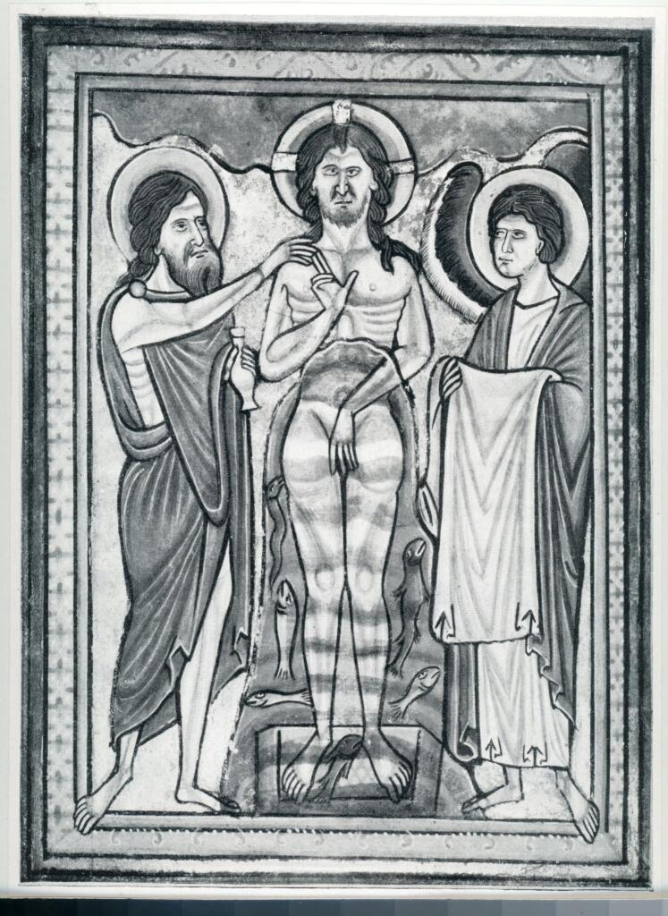 Anonimo inglese sec. XII , Episodi della vita di Cristo, Battesimo di Cristo, Cornice con motivi decorativi fitomorfi e geometrici