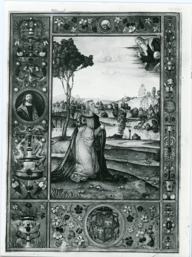 Gabinetto Fotografico della Soprintendenza Speciale per il Patrimonio Storico, Artistico ed Etnoantropologico e per il Polo Museale della citt&agrave; di Firenze , Matteo da Milano - 1507-1510 - Innsbruck, Universit&auml;tsbibliothek, Cod. 43, Messale del cardinal Ippolito d'Este, f. 1 , fronte
