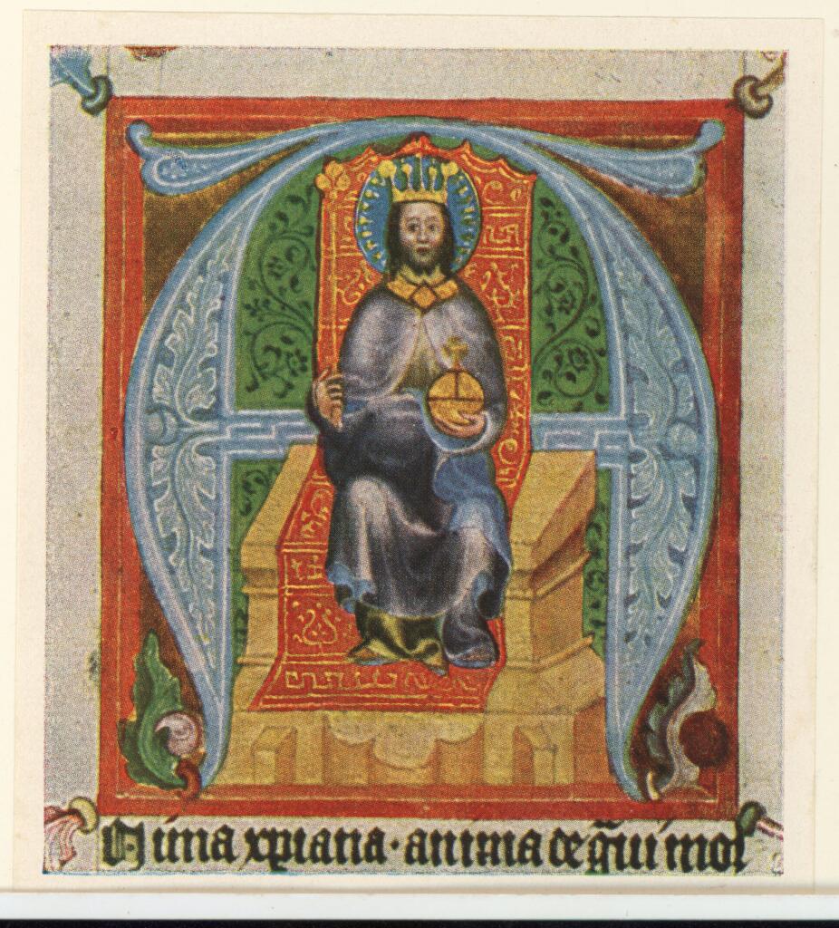 Anonimo sec. XIV , Iniziale A, Iniziale abitata, Cristo in trono con corona, scettro e globo