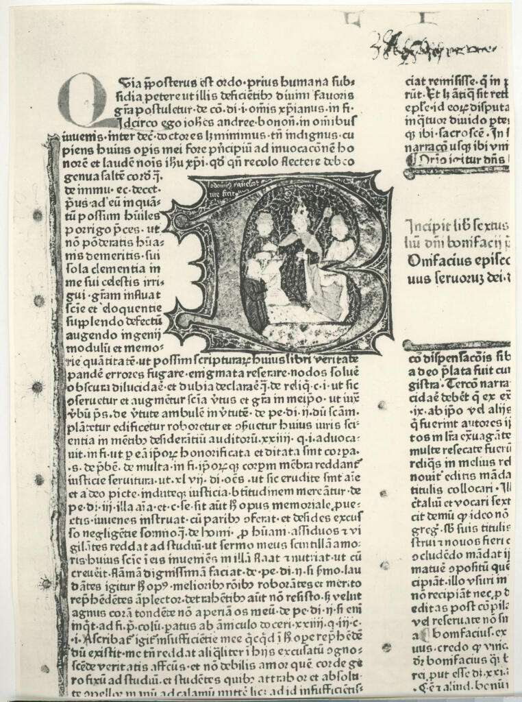 Ravescot Ludovicus , Iniziale B, Iniziale istoriata, Scena di dedica di un libro
